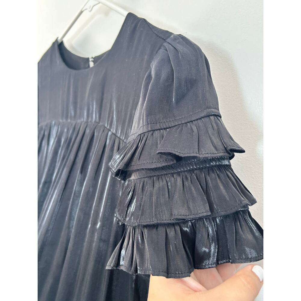 Pinch Mini Dress Small Black Satin Ruffled Sleeve Wedding Guest Whimsigoth - Picture 3 of 10